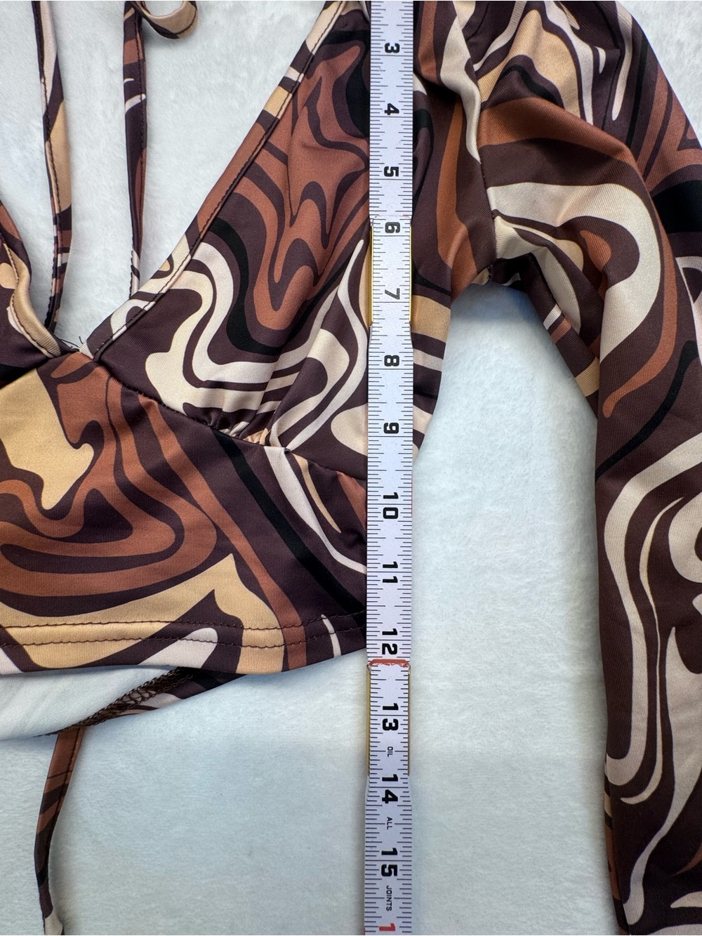 SHEIN Brown Swirl Print Long Sleeve Tie Back Crop Top XS - Picture 3 of 8